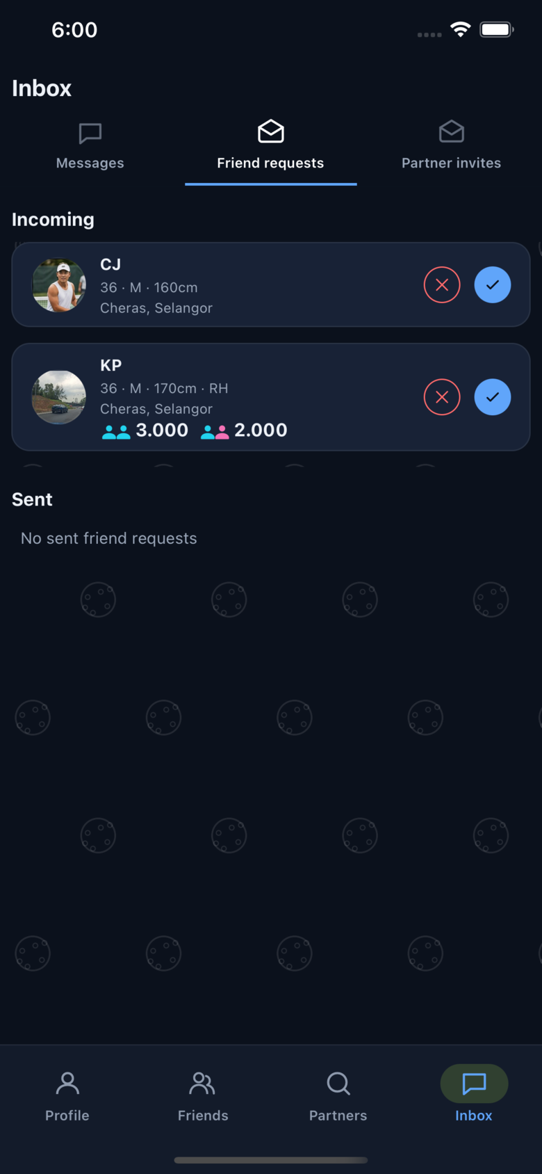 Inbox screen with friend requests and message threads
