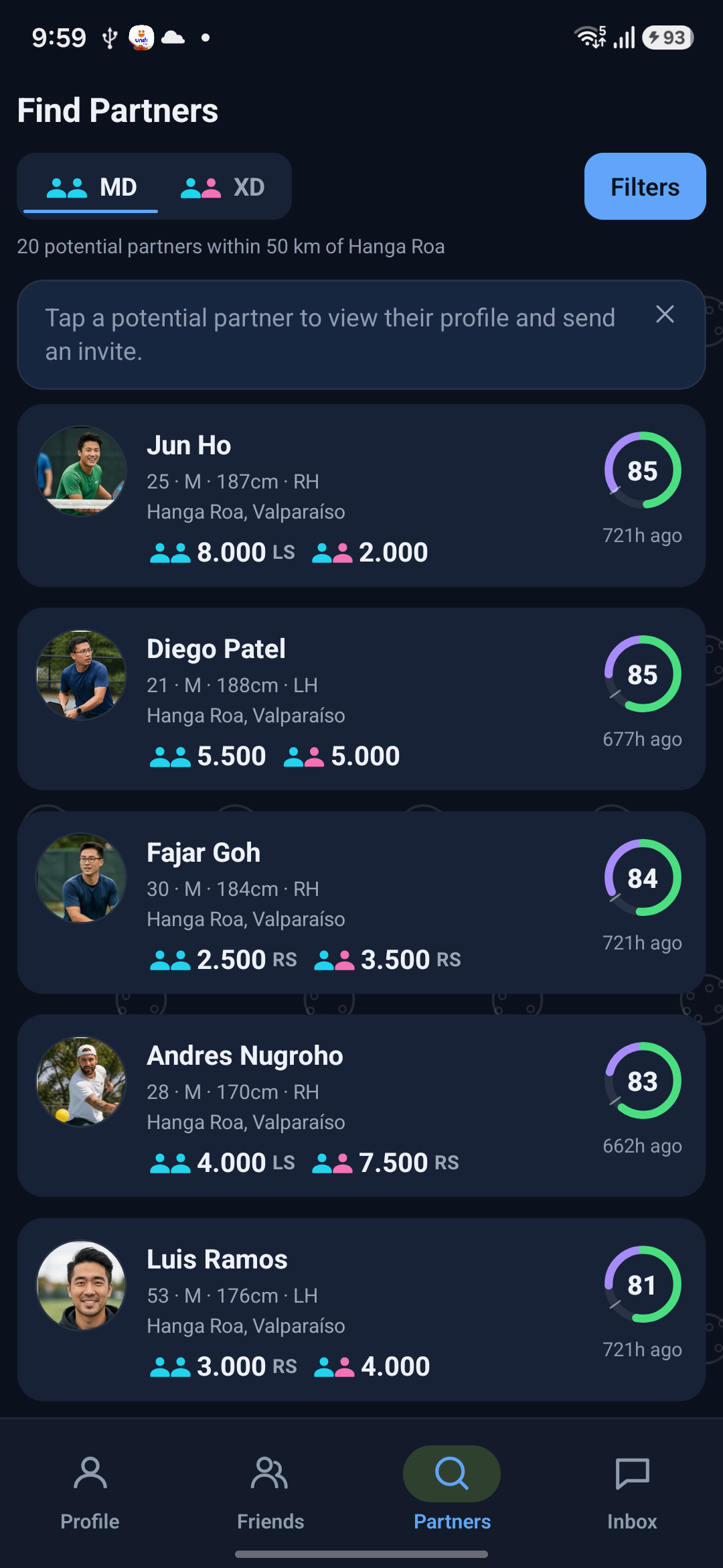 Compatibility-ranked partner matches on the Partners tab