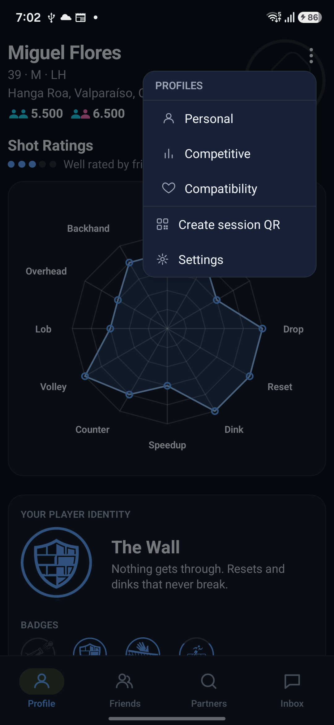 The Profile ⋮ menu with “Create session QR” in the list