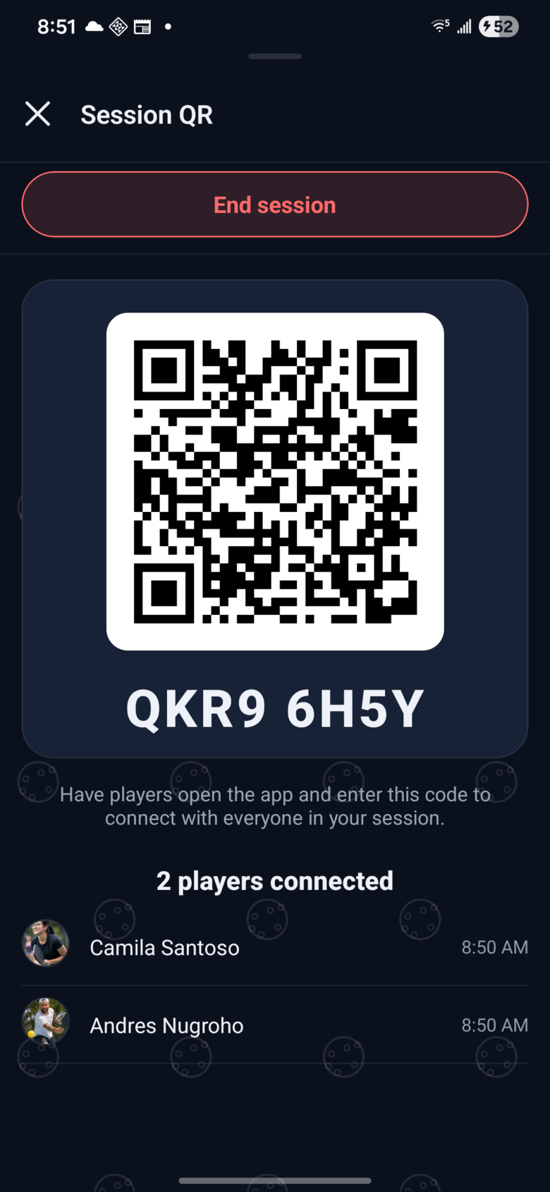 A live session QR code with its join code and connected players